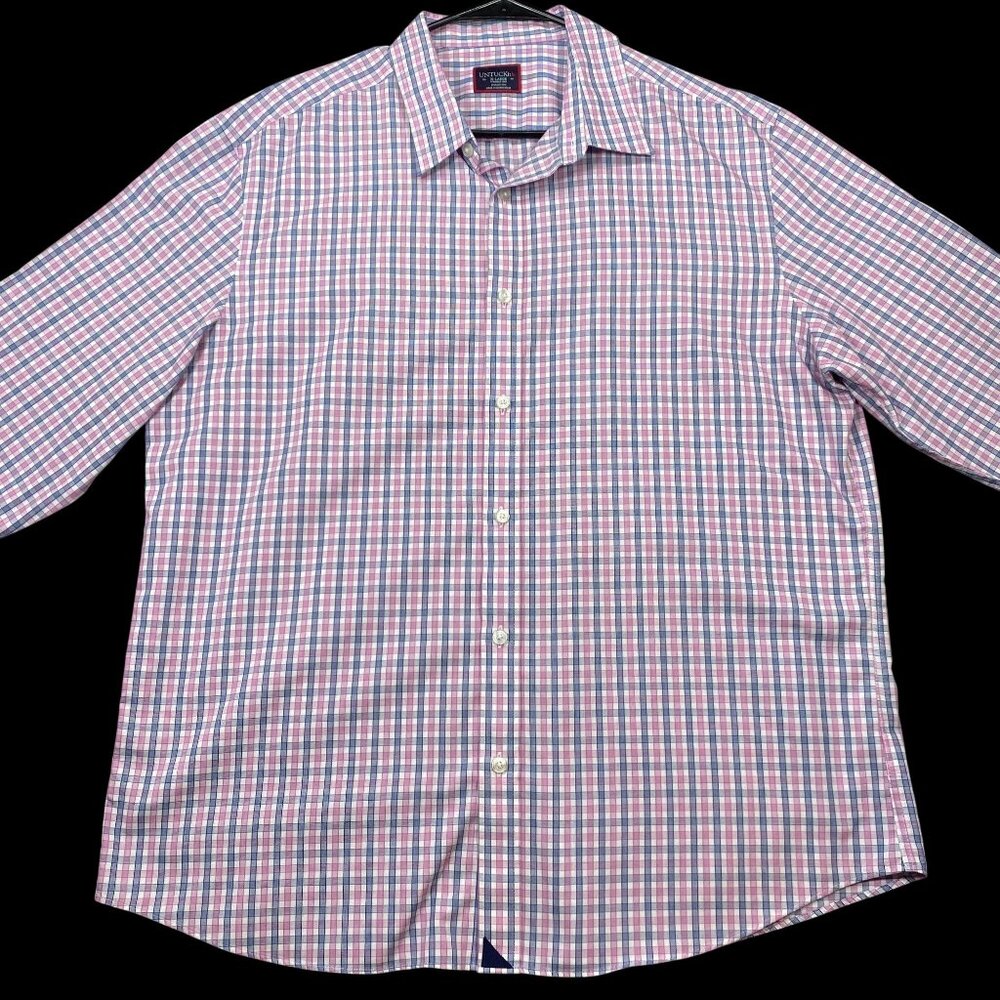 Untuckit Mens Wrinkle-Free Pink & Blue Plaid Long Sleeve Button Down Shirt XL